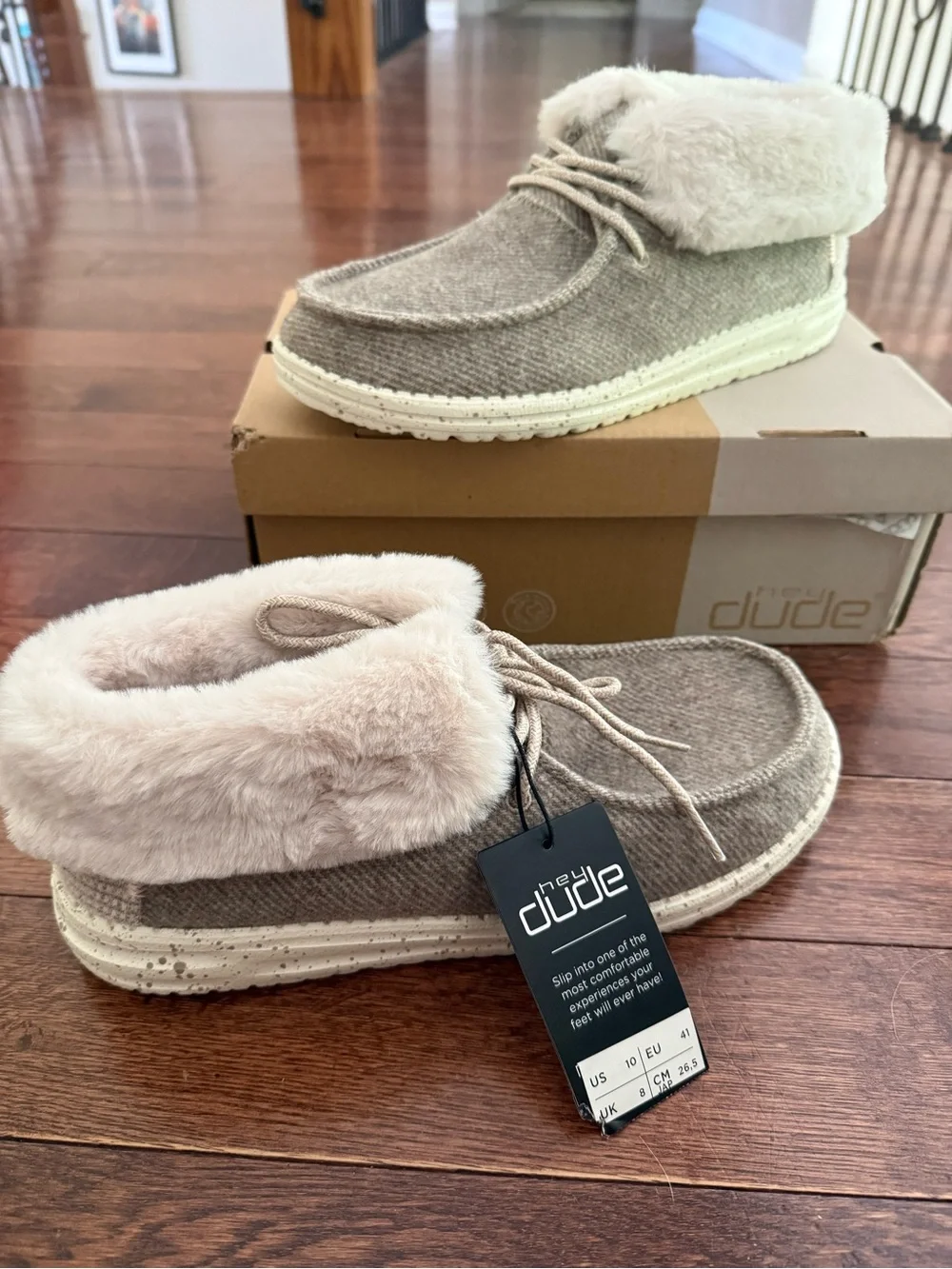 Hey Dude Women's Taupe Faux-Fur Cuffed Moccasin Slippers